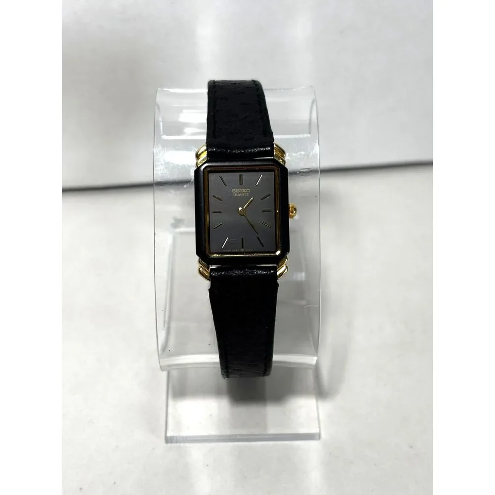 Vintage Seiko 2P20-5000 gold tone women's watch with black leather, working